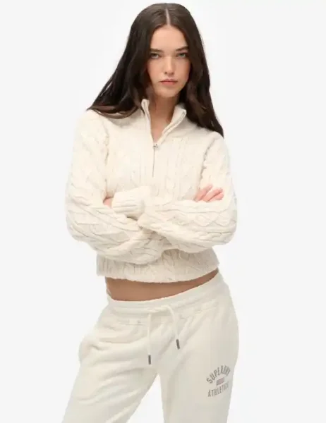 Superdry Slim Cable Half Zip Knit Jumper | Ecru Superdry Slim Cable Half Zip Knit Jumper | Ecru
