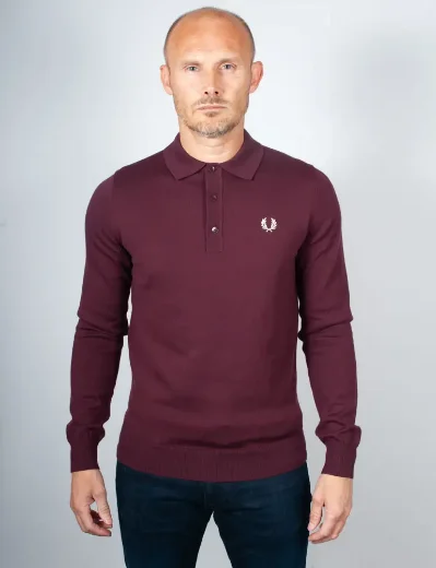 Fred Perry Long Sleeve Knitted Polo Shirt | Oxblood