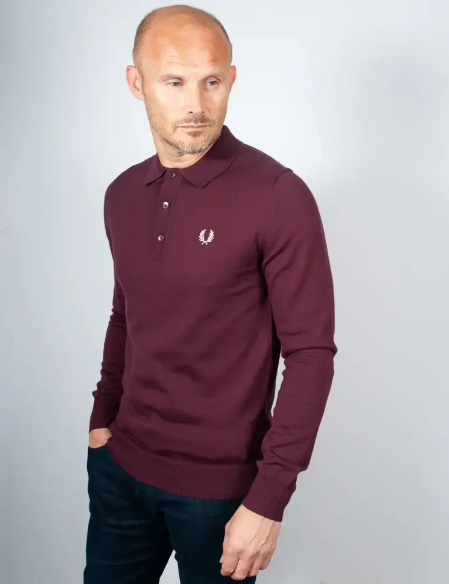 Fred Perry Long Sleeve Knitted Polo Shirt | Oxblood