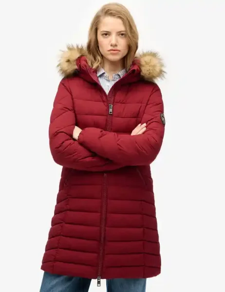 Superdry Fuji Faux Fur Hood Mid Length Jacket | Wine Red Superdry Womens Fuji Faux Fur Hood Mid Length Jacket | Wine Red
