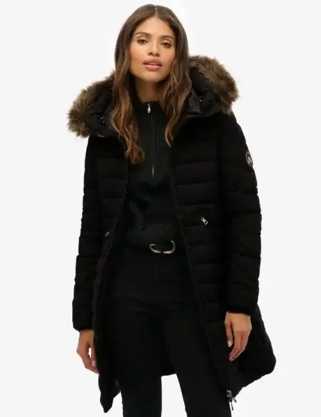 Superdry Womens Fuji Faux Fur Hood Mid Length Jacket | Black Superdry Womens Fuji Faux Fur Hood Mid Length Jacket | Black