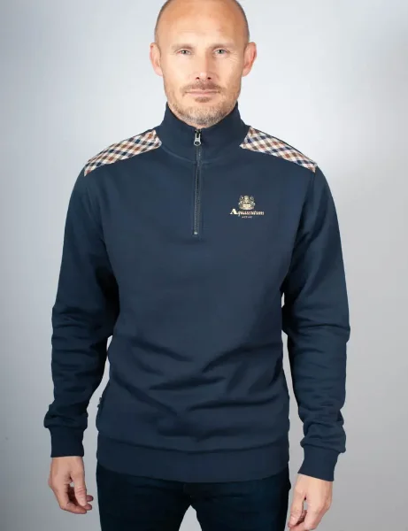 Aquascutum Active Club Check Shoulder 1/4 Zip Sweatshirt / Navy Aquascutum Active Club Check Shoulder 1/4 Zip Sweatshirt / Navy