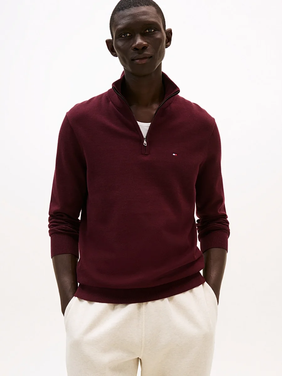 Tommy Hilfiger Essential Cotton Zip Mock | Burgundy