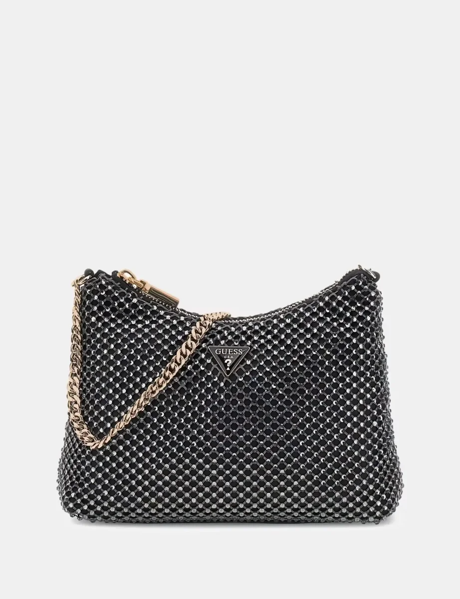 Guess Women's Zalina Rhinestone Mesh Mini Ziptop Bag / Pewter