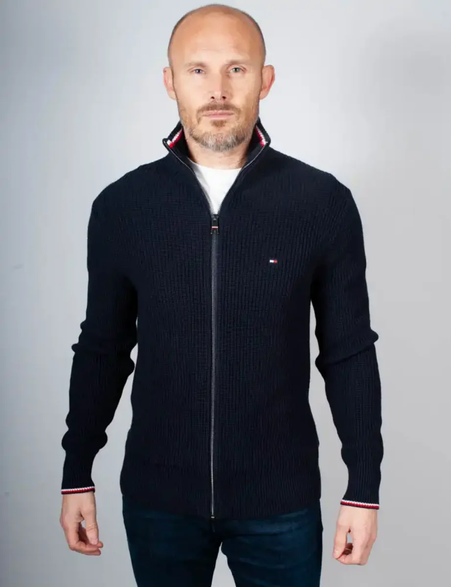 Tommy Hilfiger RWB Rib Knit Zip Through Sweater | Navy