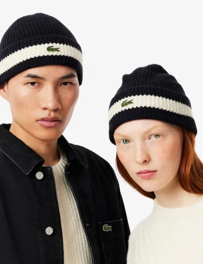Lacoste Rib Knit Carded Wool Beanie | Navy Blue/White