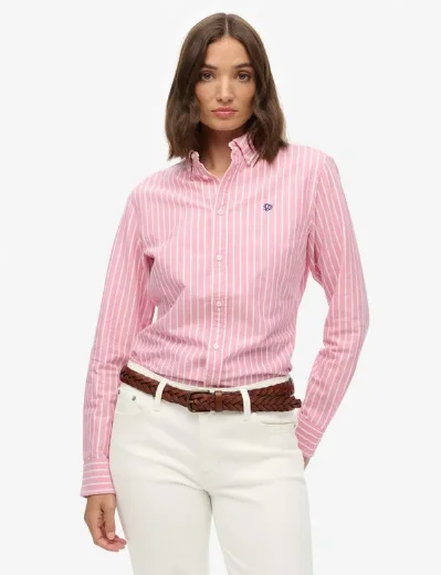 Superdry Slim Oxford Button Down Long Sleeve Shirt | Broker Pink Stripe