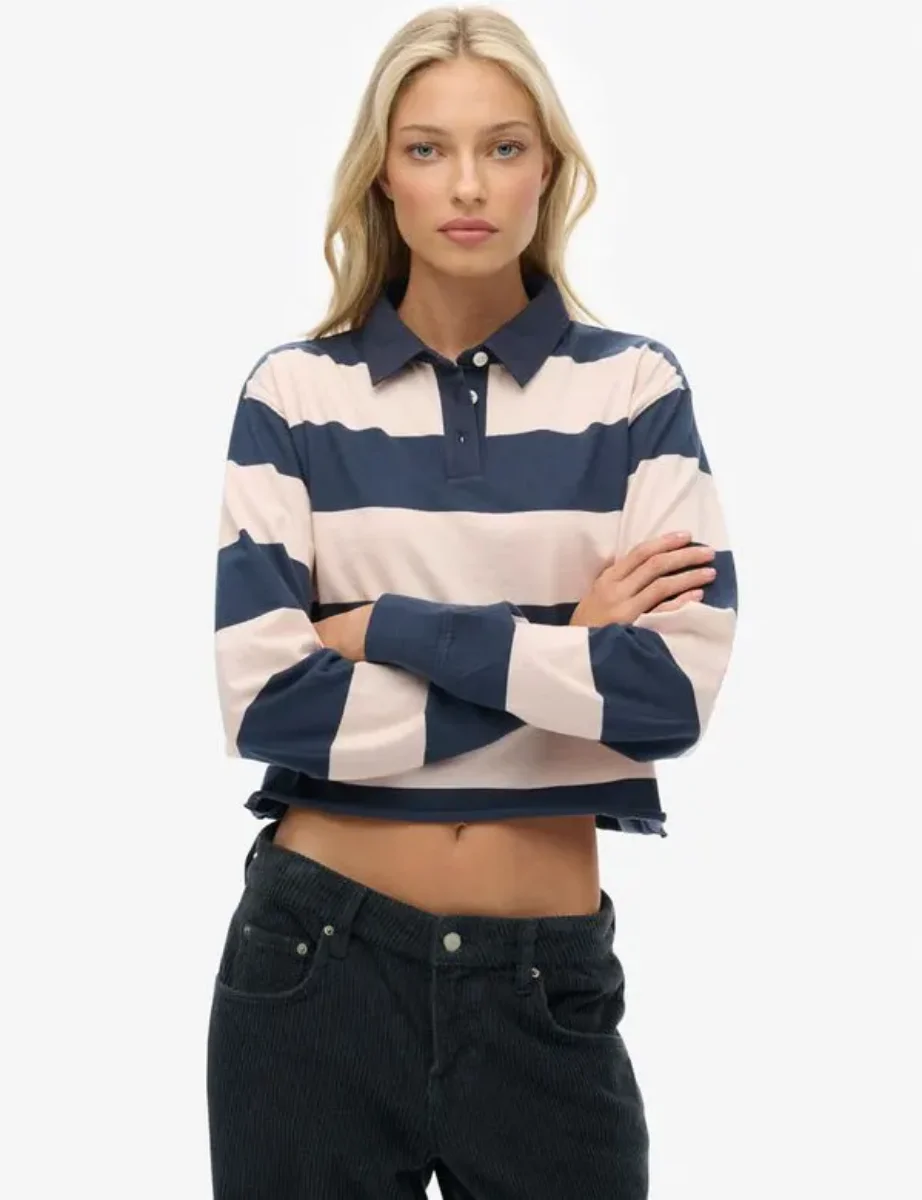 Superdry Essential Cropped Stripe Rugby Shirt | Lauren Navy/Pink Stripe