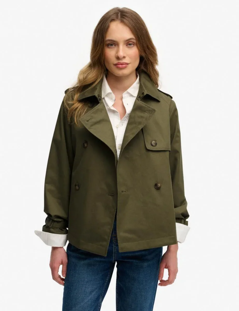 Superdry Short Trench Coat | Dusty Olive Green