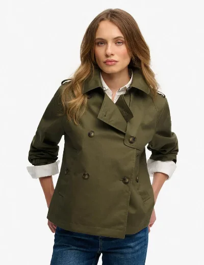 Superdry Short Trench Coat | Dusty Olive Green