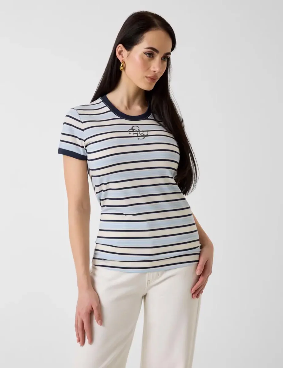 Guess Striped Crew Neck T-Shirt / Blue