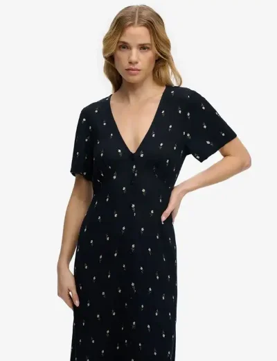 Superdry Printed Button Midi Tea Dress  | Navy Ditsy stripe