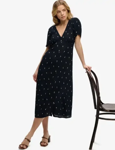 Superdry Printed Button Midi Tea Dress  | Navy Ditsy stripe