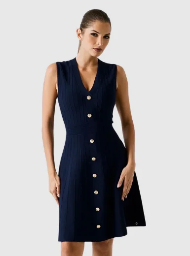 Guess V Neck Amber Knitted Sweater Dress | Navy