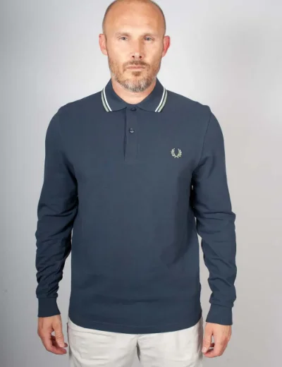 Picture of Fred Perry Long Sleeve Twin Tipped Polo | Dark Airforce/ Ecru / Seagrass