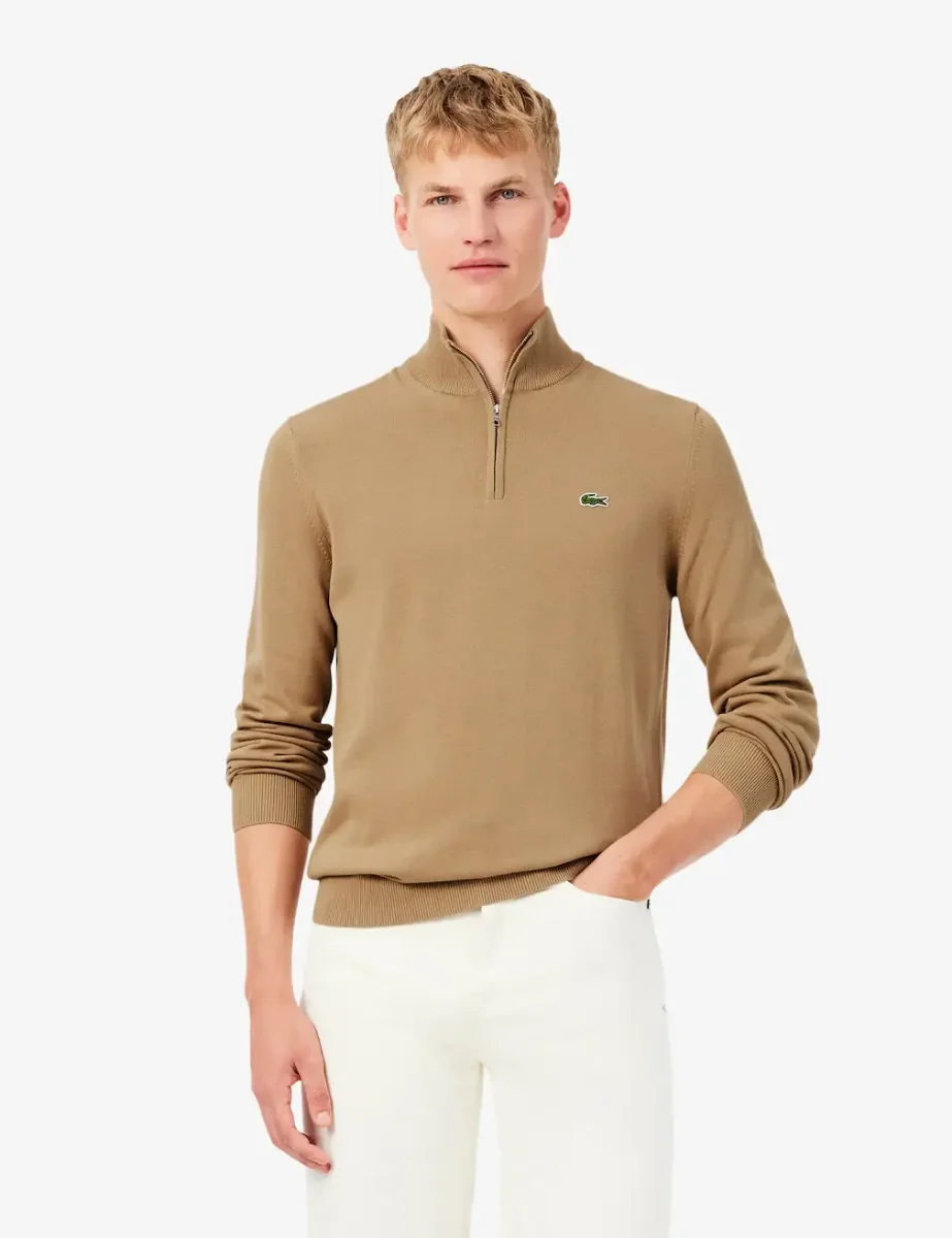 Lacoste Mens Zipped High Neck Cotton Sweater | Light Brown 