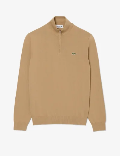 Lacoste Mens Zipped High Neck Cotton Sweater | Light Brown 
