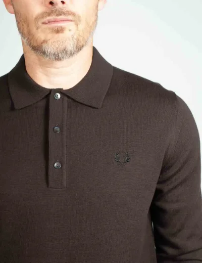 Fred Perry Long Sleeve Knitted Polo Shirt | Rich Brown