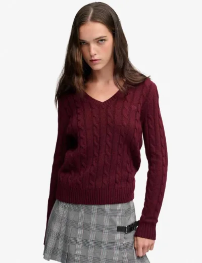 Picture of Superdry Womens Wool Blend Cable Knit V-Neck Jumper / Port 