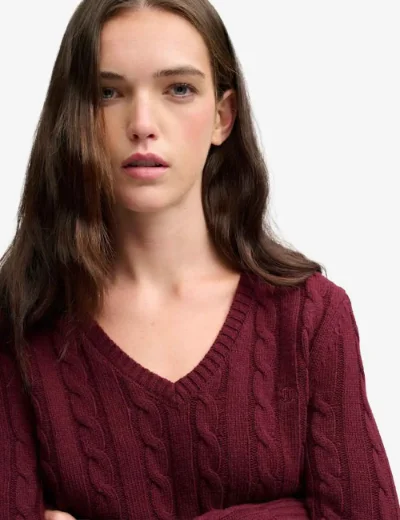 Picture of Superdry Womens Wool Blend Cable Knit V-Neck Jumper / Port 