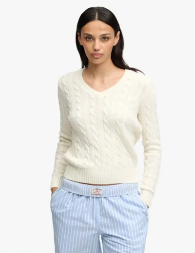 Picture of Superdry Womens Wool Blend Cable Knit V-Neck Jumper / Cream