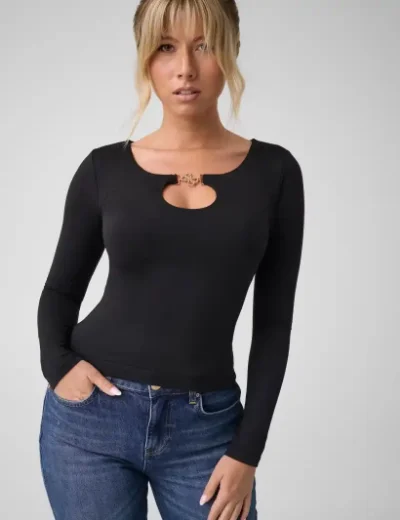 Guess Womens Long Sleeve 4G Jewel Top / Black