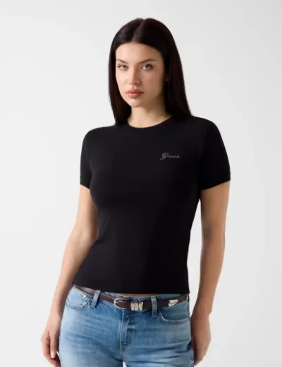 Guess Womens Rhinestones Logo T-Shirt / Brown