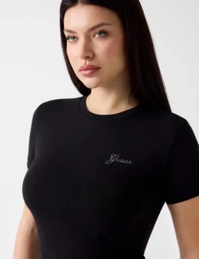 Guess Womens Rhinestones Logo T-Shirt / Brown
