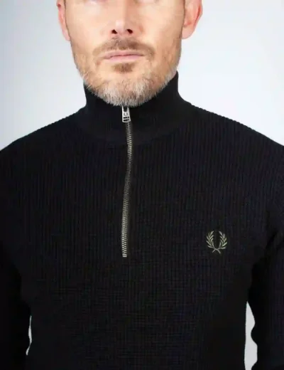 Fred Perry Mens Waffle Stitch Half Zip Jumper | Black