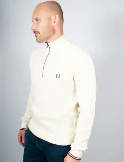 Fred Perry Mens Waffle Stitch Half Zip Jumper | Ecru