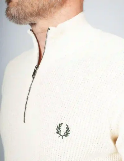 Fred Perry Mens Waffle Stitch Half Zip Jumper | Ecru