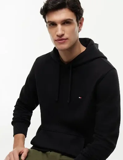 Tommy Hilfiger Flag Embroidery Terry Drawstring Hoody | Black