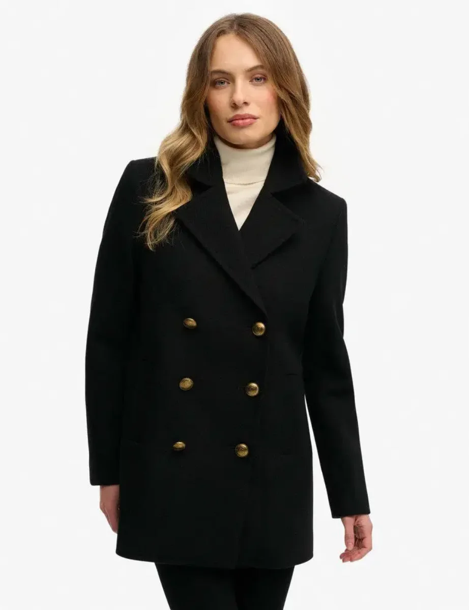 Superdry Womens Double Breasted Pea Coat | Black