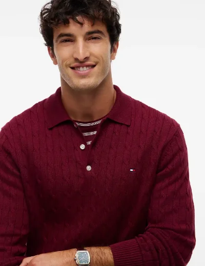 Tommy Hilfiger Cable Knit Polo Jumper | Burgundy