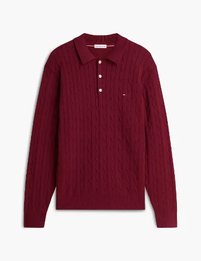 Tommy Hilfiger Cable Knit Polo Jumper | Burgundy