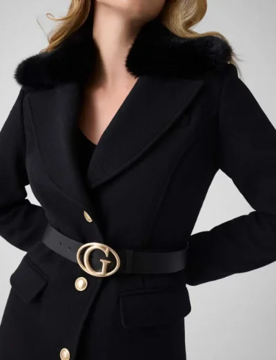 Guess Womens Wool-Blend Belted Coat | Black