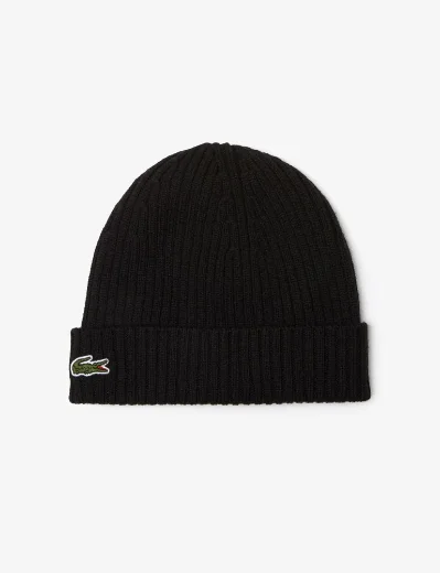 Picture of Lacoste Mens Rib Knit Wool Beanie | Black