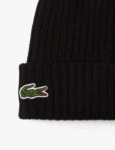 Picture of Lacoste Mens Rib Knit Wool Beanie | Black